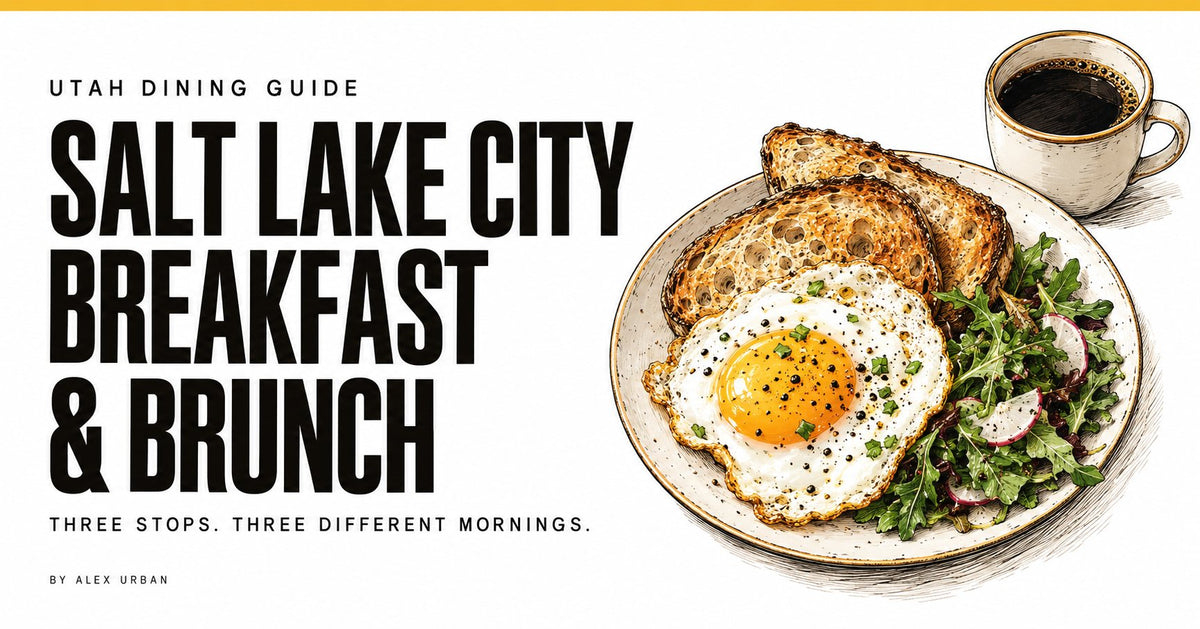 SALT LAKE CITY BREAKFAST & BRUNCH guide by Alex Urban, with an editorial food illustration.