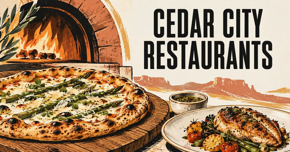 Illustrated pizza and chicken dinner beneath a Cedar City Restaurants headline
