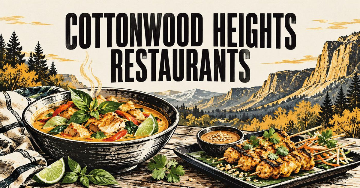 Illustrated curry bowl and skewers beneath a Cottonwood Heights Restaurants headline