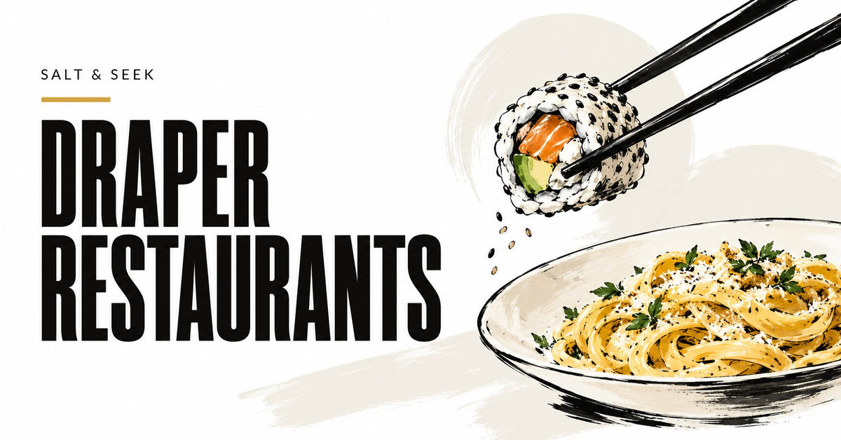 Draper Restaurants guide with sushi and pasta illustrations