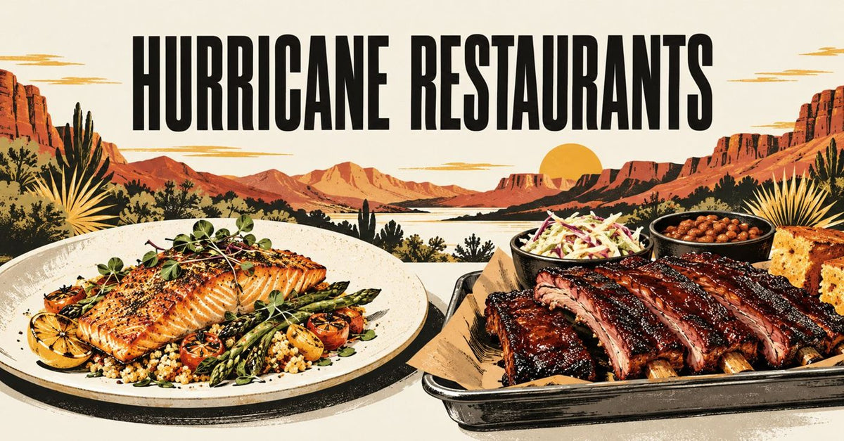 Illustrated salmon plate and barbecue ribs beneath a Hurricane Restaurants headline