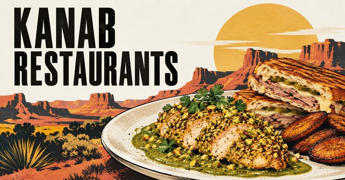 Illustrated chicken plate and Cuban sandwich beneath a Kanab Restaurants headline