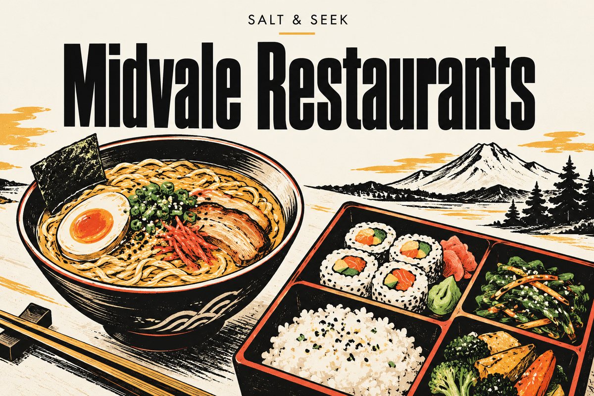 Illustrated ramen bowl and bento tray beneath the words Midvale Restaurants