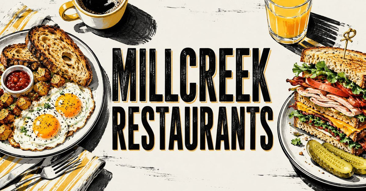 Illustrated breakfast eggs and a deli sandwich beneath a Millcreek Restaurants headline
