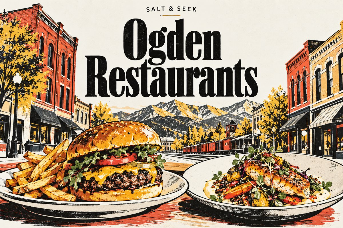 Illustrated Ogden streetscape with dinner plates beneath the words Ogden Restaurants