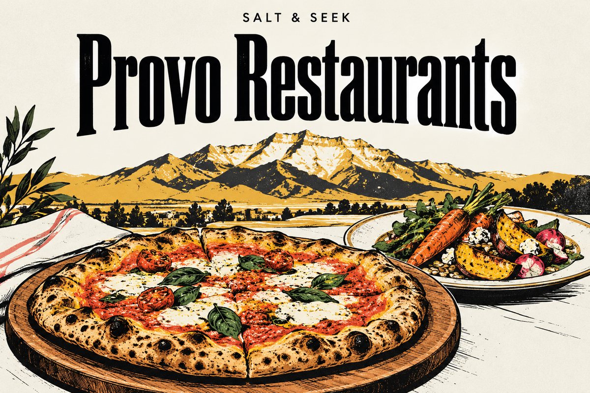 Illustrated pizza and vegetable plate beneath the words Provo Restaurants