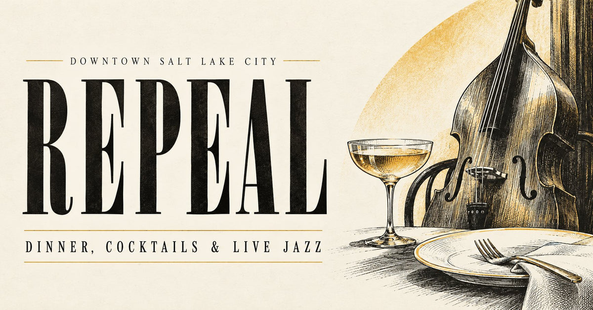 Editorial illustration of an upright bass, cocktail glass and dinner plate beside the title Repeal