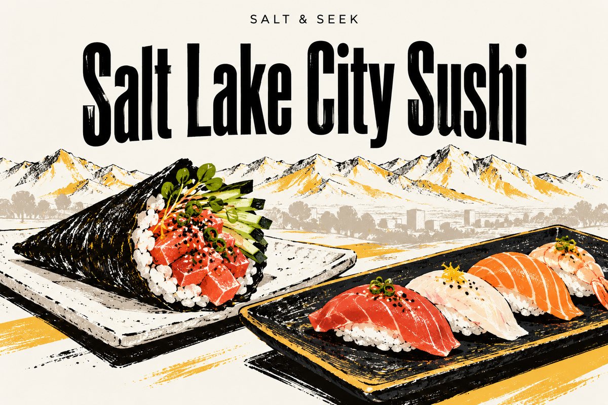 Illustrated hand roll and nigiri beneath the words Salt Lake City Sushi