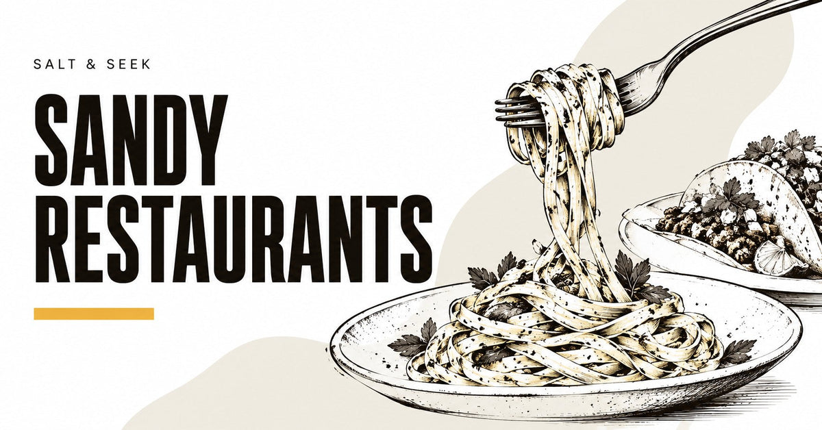 Sandy Restaurants guide with pasta and taco illustrations