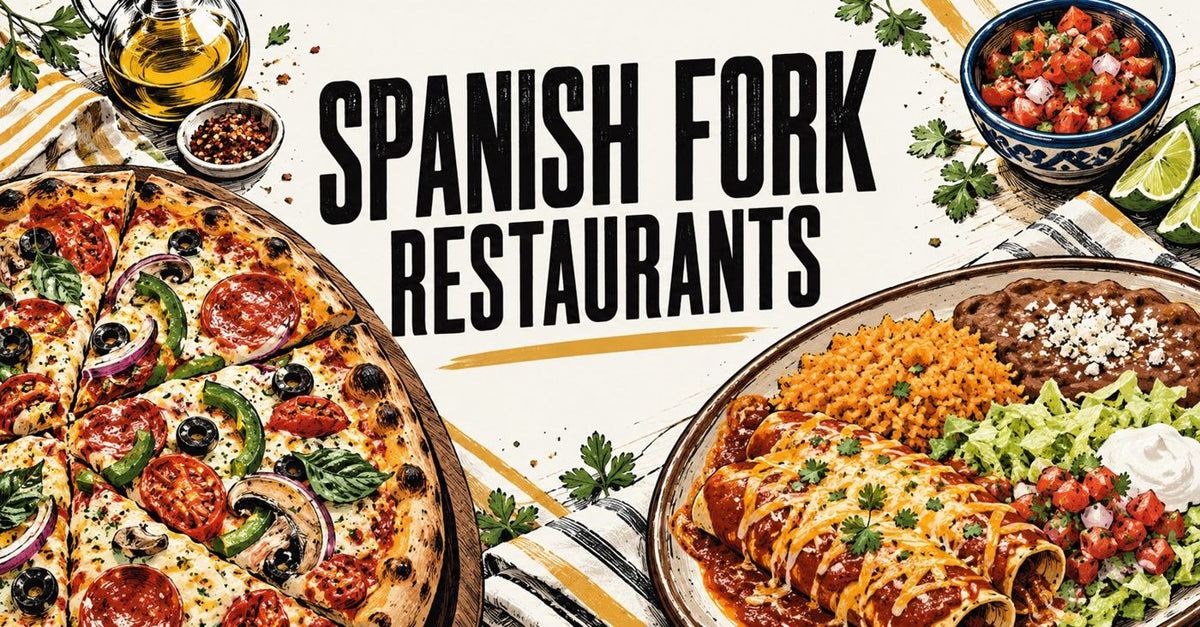 Illustrated pizza and Mexican combination plate beneath a Spanish Fork Restaurants headline