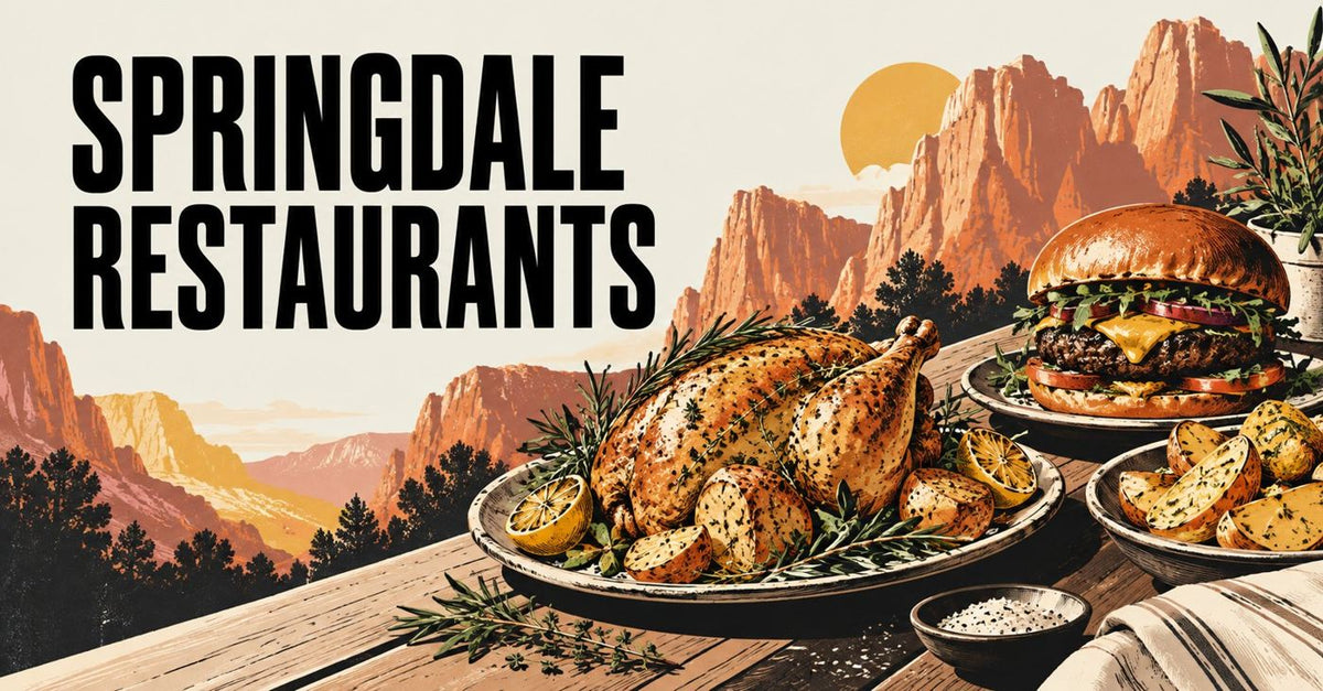 Illustrated roasted chicken and burger beneath a Springdale Restaurants headline