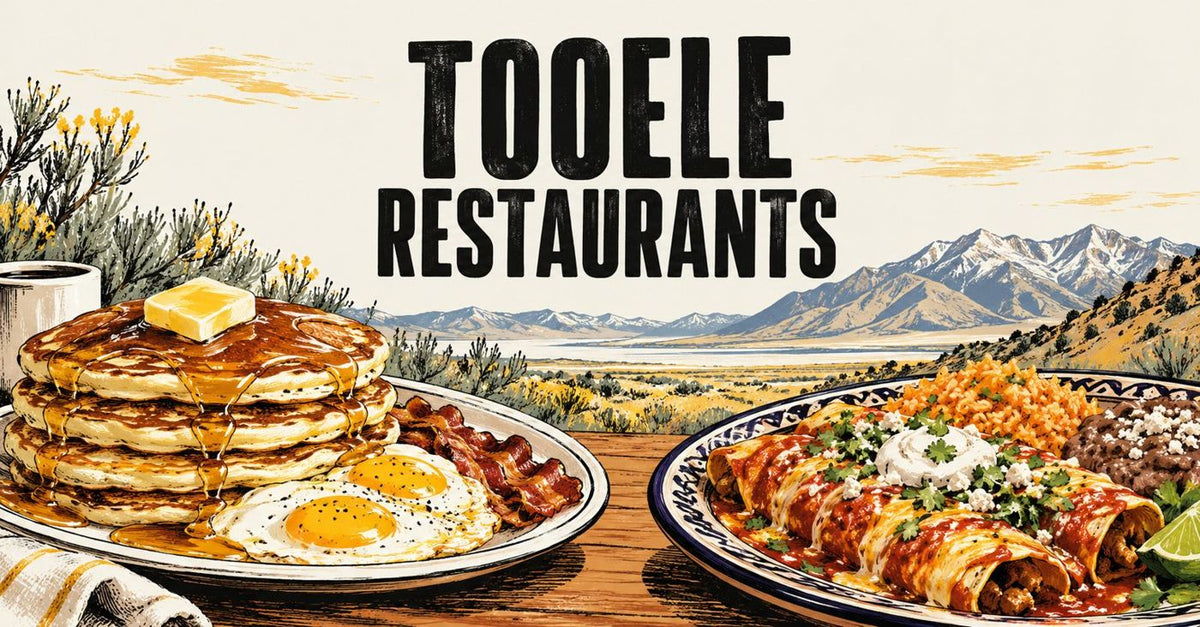 Illustrated pancakes and a Mexican dinner plate beneath a Tooele Restaurants headline